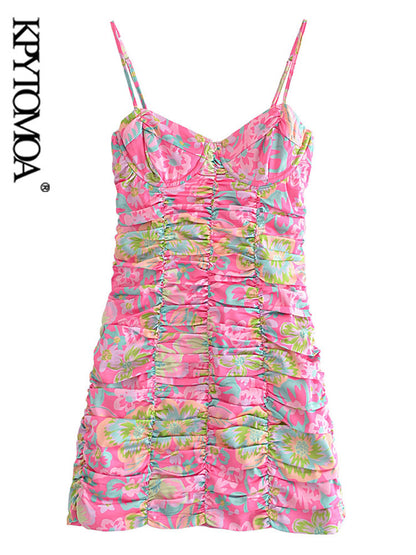 Floral Print Pleated Mini Dress - - dress