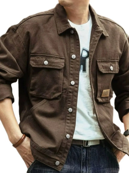 Men's Washed Collared Neck Cargo Jacket - -