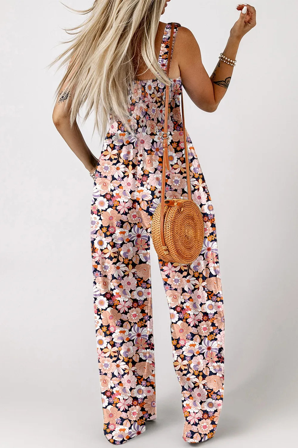 Floral Print Smocked High Waist Square Neck Jumpsuit - -