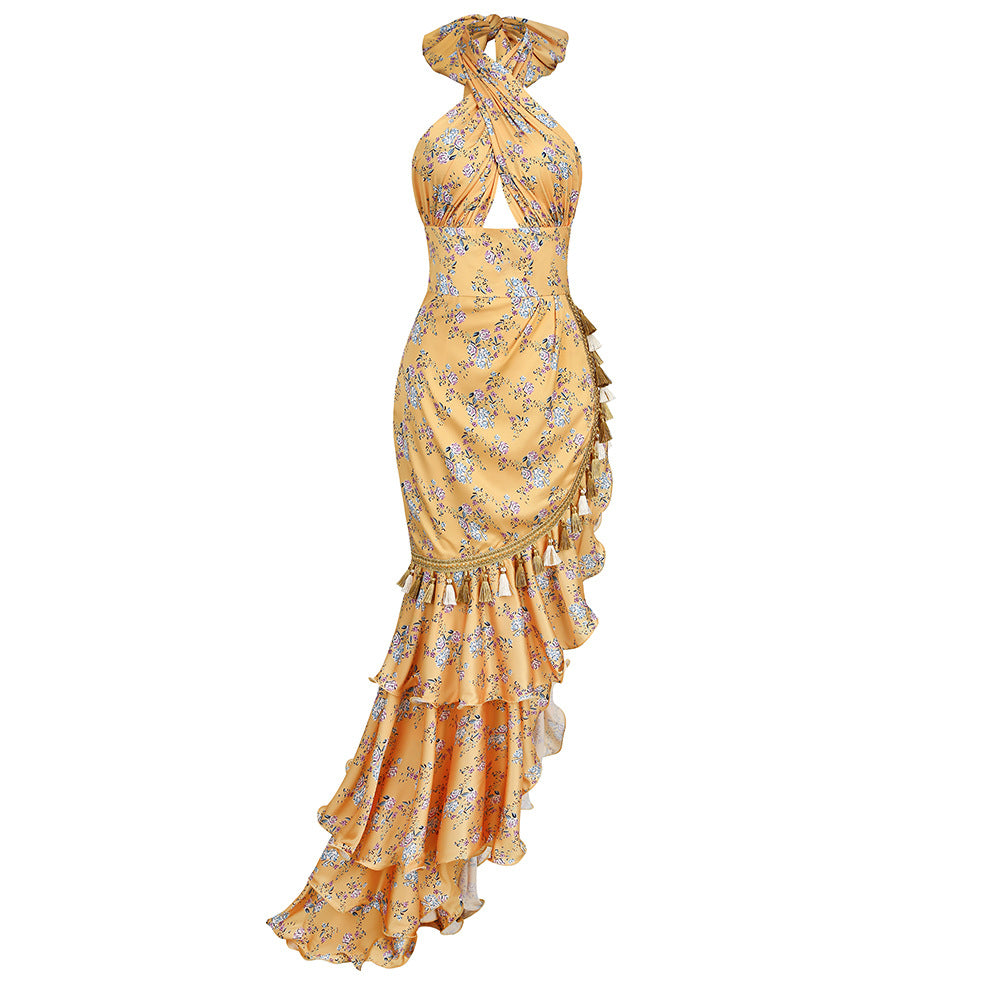 Elegant Floral Halter Maxi Dress - Gold L - dress