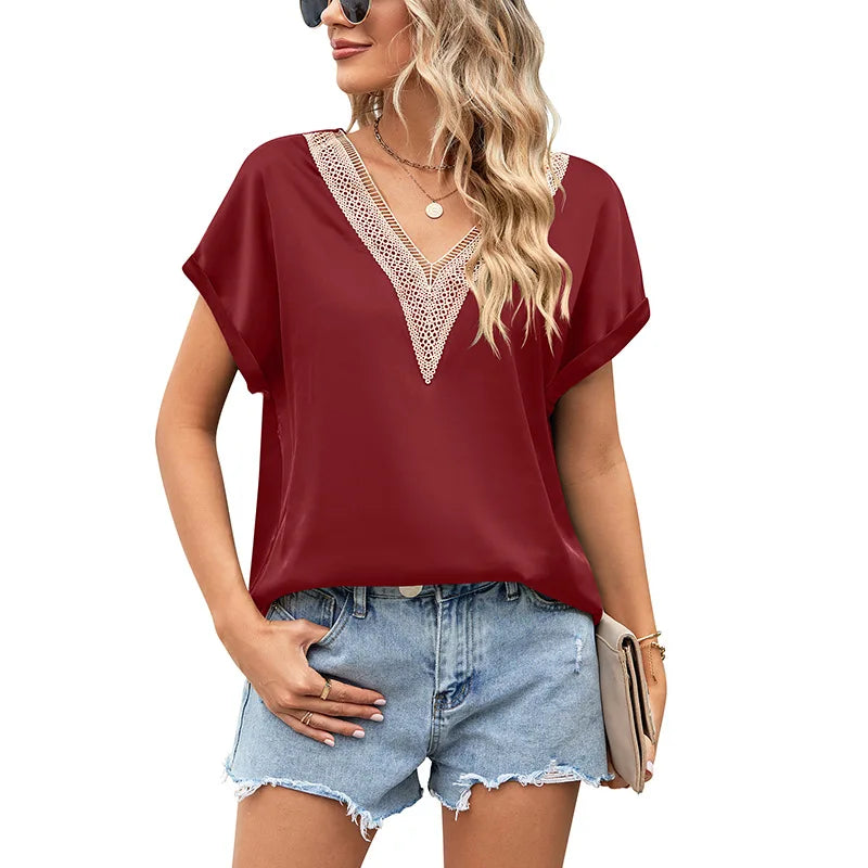 Summer Women's Blouses & Shirts V-Neck Fashion Ladies Loose Short-Sleeve Shirt