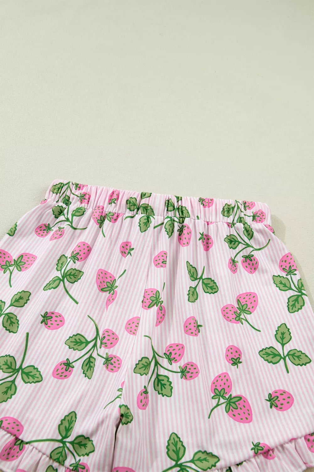 Striped Strawberry Print Lapel Shirt Drawstring Shorts 2pcs Pajama Set- Shopimist- {{Product type}}