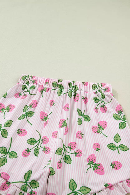 Striped Strawberry Print Lapel Shirt Drawstring Shorts 2pcs Pajama Set- Shopimist- {{Product type}}