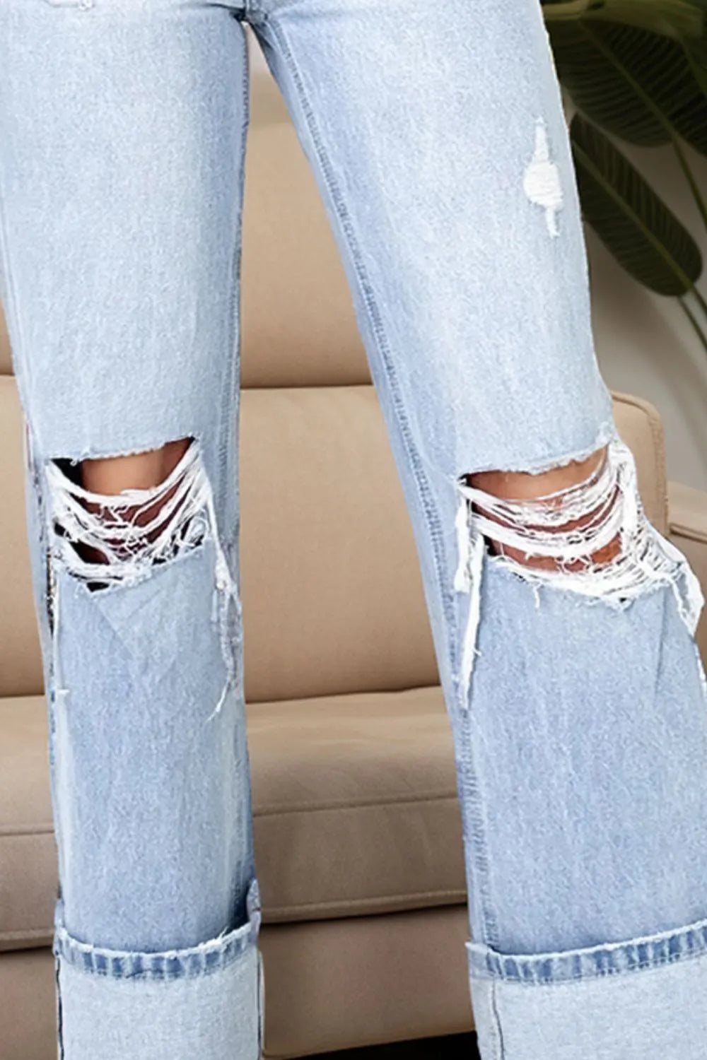 Distressed High Waist Jeans with Pockets - -