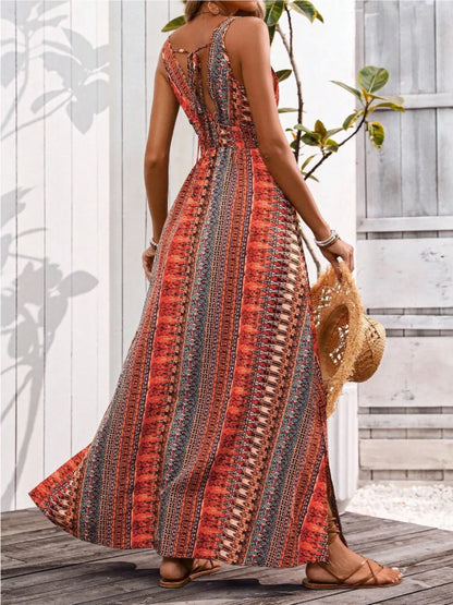 Tied Back Printed Sleeveless Maxi Slit Dress - -