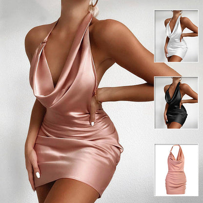 Satin Party Dress V Neck Backless Mini Sleeveless Summer Party Dress - - dress
