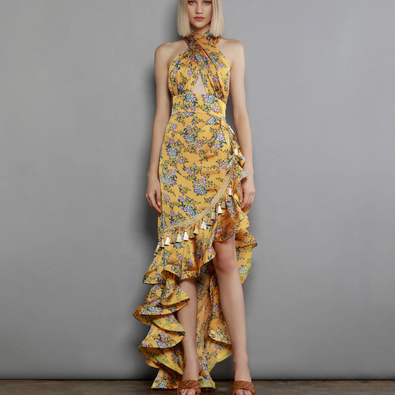 Elegant Floral Halter Maxi Dress - - dress
