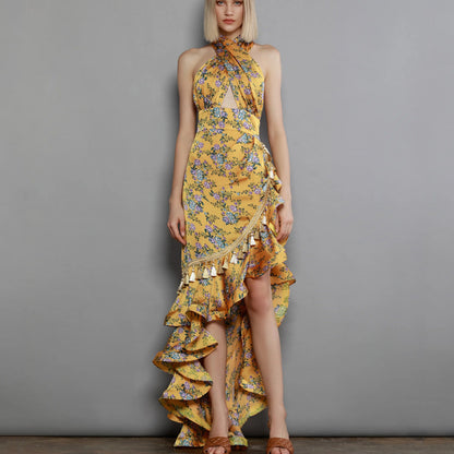 Elegant Floral Halter Maxi Dress - - dress
