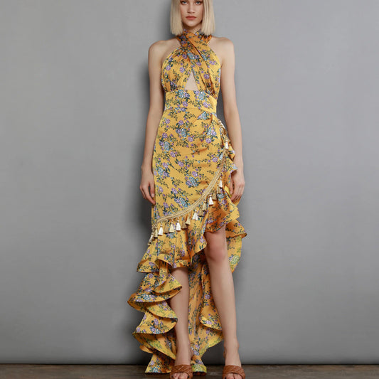 Elegant Floral Halter Maxi Dress - - dress