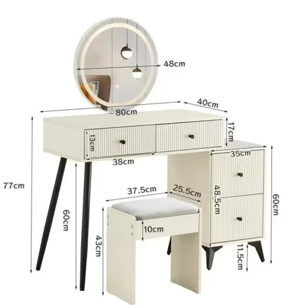 Fluted Makeup Vanity Desk With Round LED Mirror And Lights - - vanity
