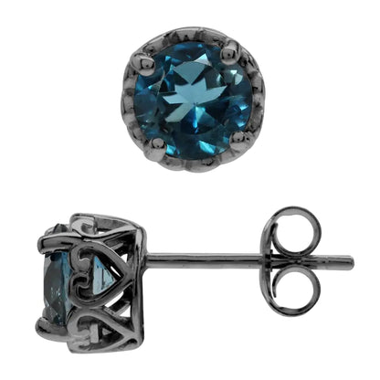 Silvershake 6mm Round London Blue Topaz Black Rhodium Plated 925 Sterling Silver Victorian Style Stud Earrings