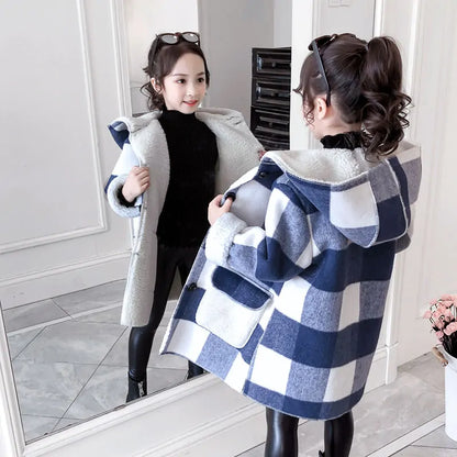 Girls Plaid Thick Lamb Woolen Coat Blue 11 Years Old