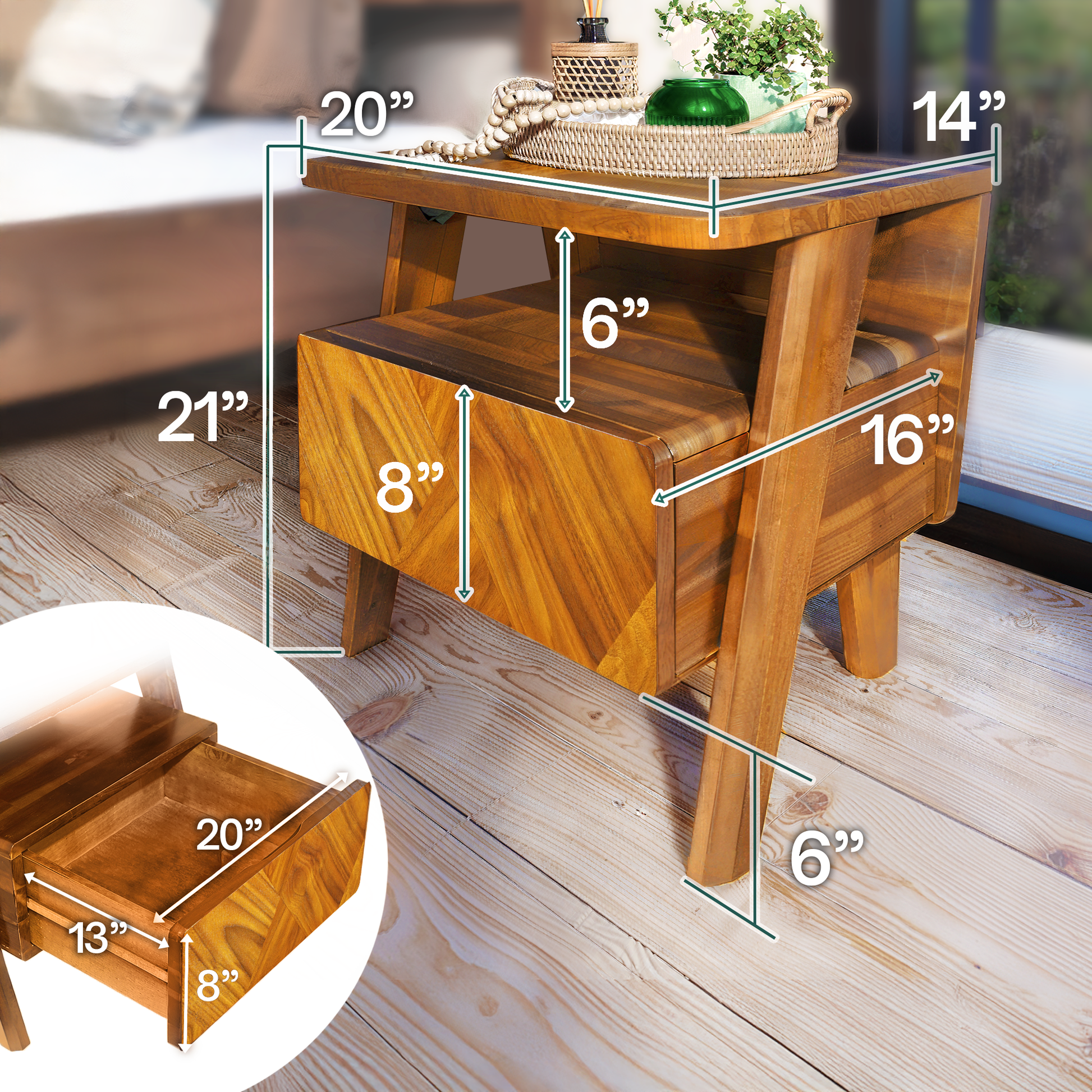 Rum Handcrafted Solid Wood Nightstand - - Nightstand