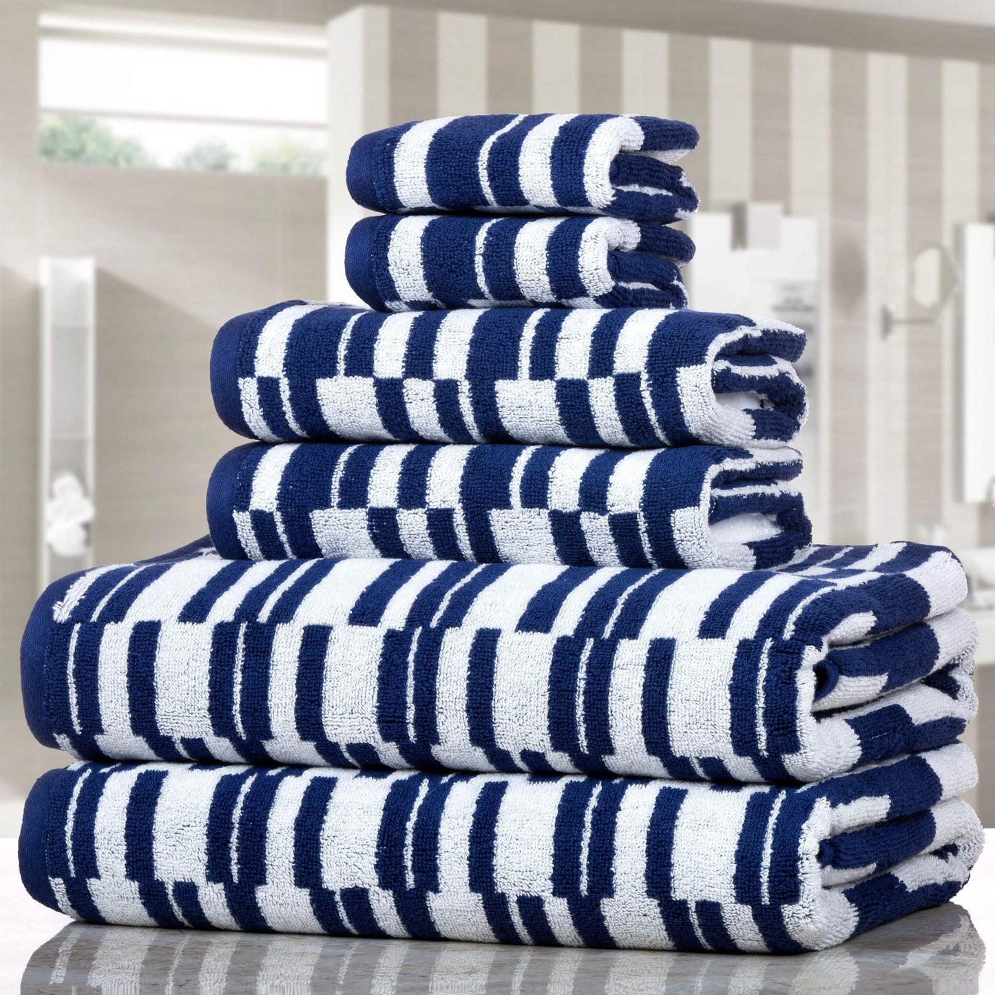 6-Piece: CP Stratus Stripe Quick Dry Towel Set - Navy - Bath