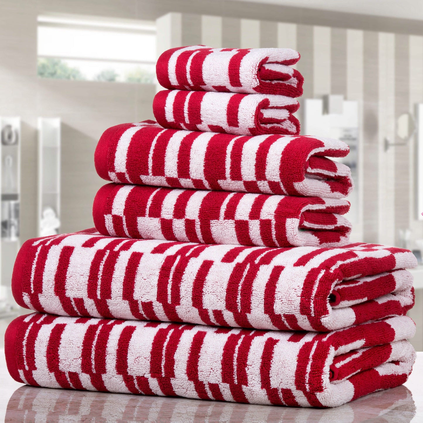 6-Piece: CP Stratus Stripe Quick Dry Towel Set - Red - Bath