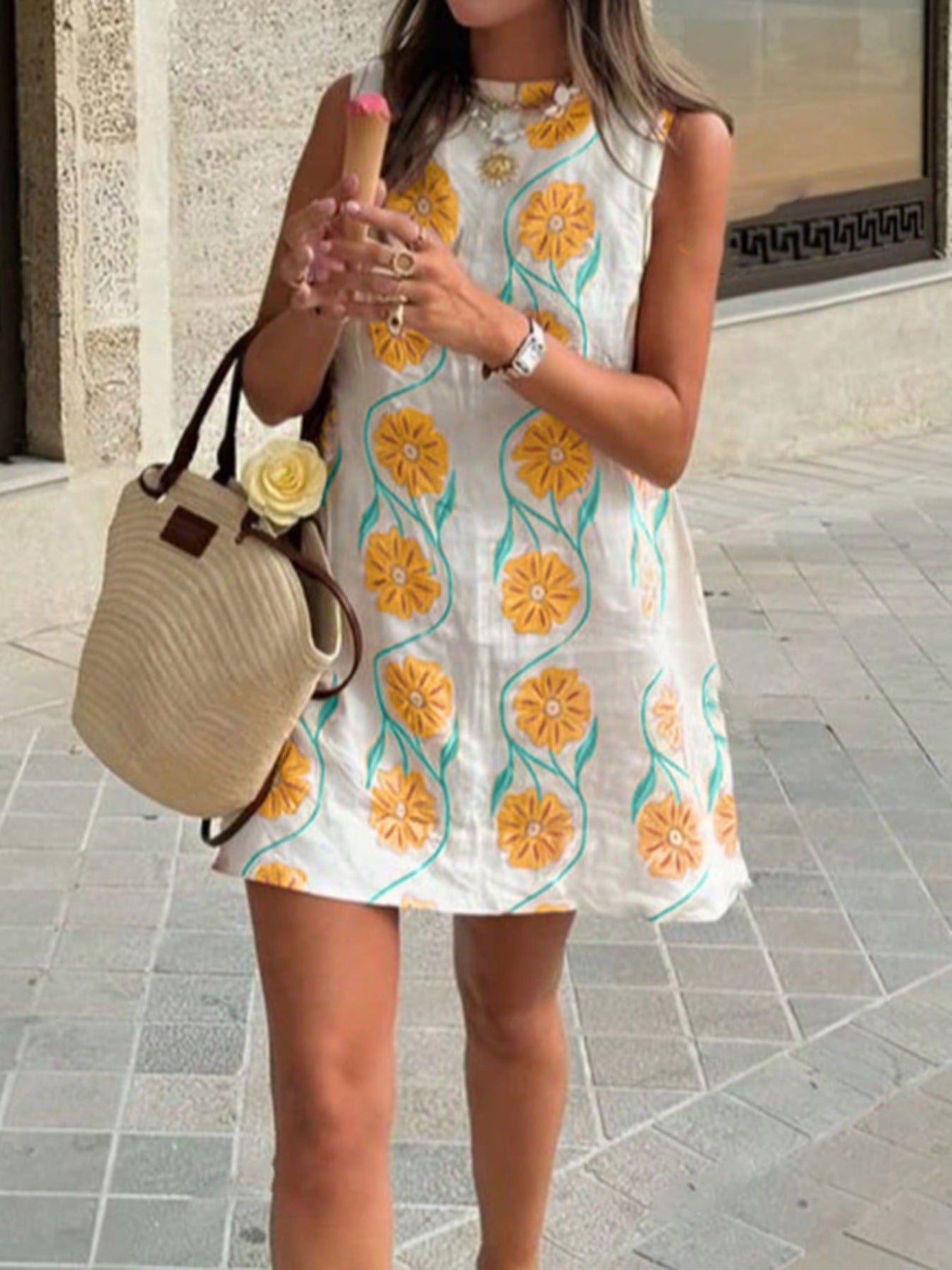 Floral Pattern Sleeveless Mini Dress - Gold -