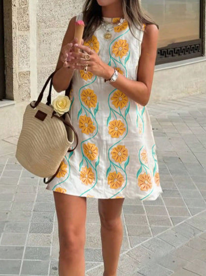 Floral Pattern Sleeveless Mini Dress - Gold -