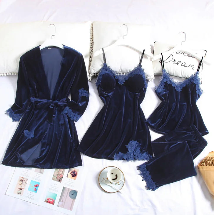 Velvet 4 Pieces Warm Winter Pajamas Sets Sleepwear Kit Sleeveless Nightwear