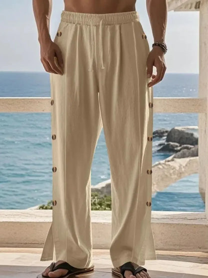 Men's Full Size Side Button Wide Leg Pants Plus Size - Khaki -