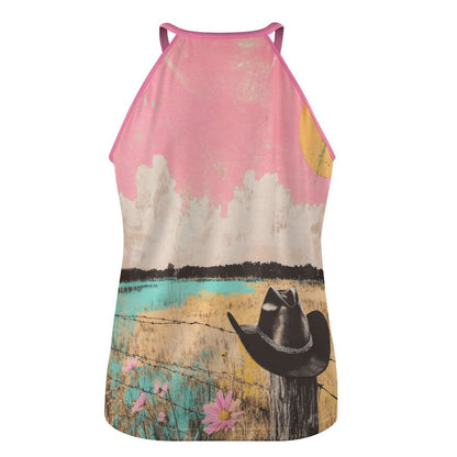 Baha Ranch Cowgirl on the Moon Retro Pop Western Tank Top - - Tanks & Camis