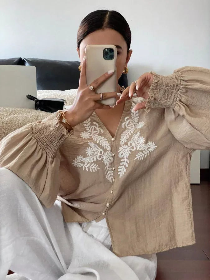 Embroidered Notched Long Sleeve Blouse - Tan -