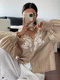 Embroidered Notched Long Sleeve Blouse - Tan -