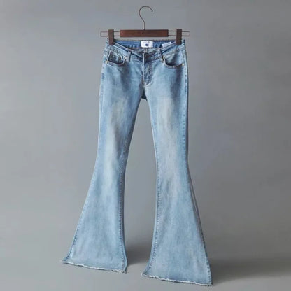 5 Color Mid Waist Flare Pants Women Retro Denim Jeans Light Blue