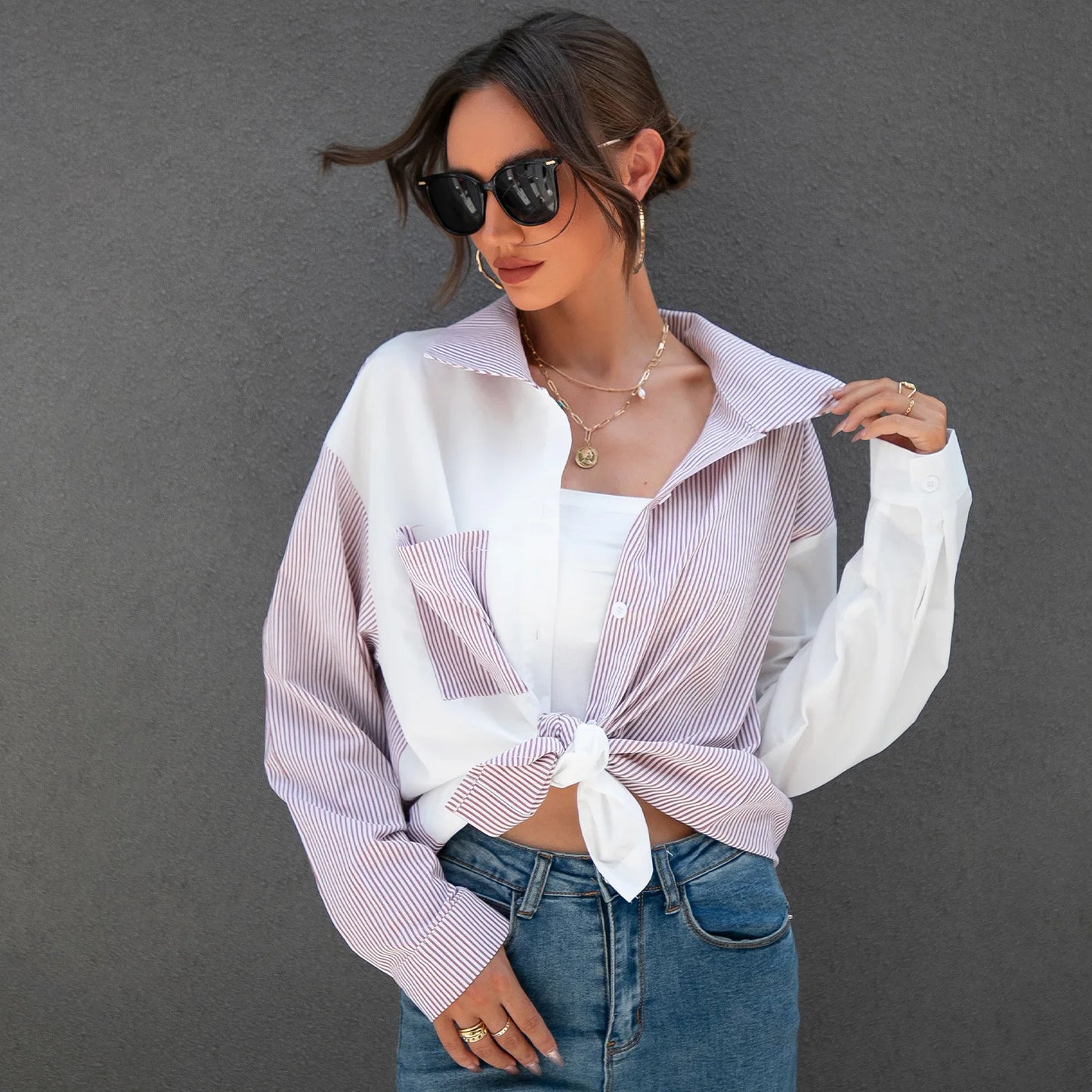 White Striped Top Two Style Turn Down Collar Shirt