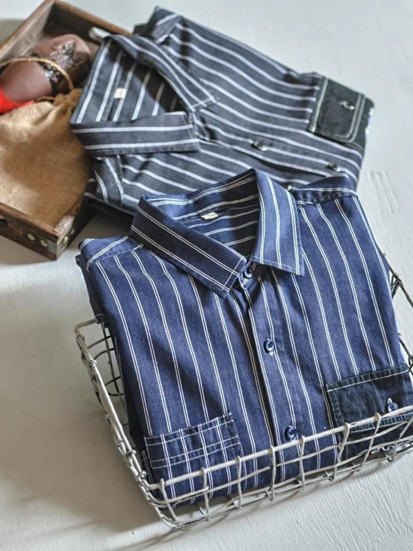 Men's Plus Size Striped Button Up Long Sleeve Shirt - -