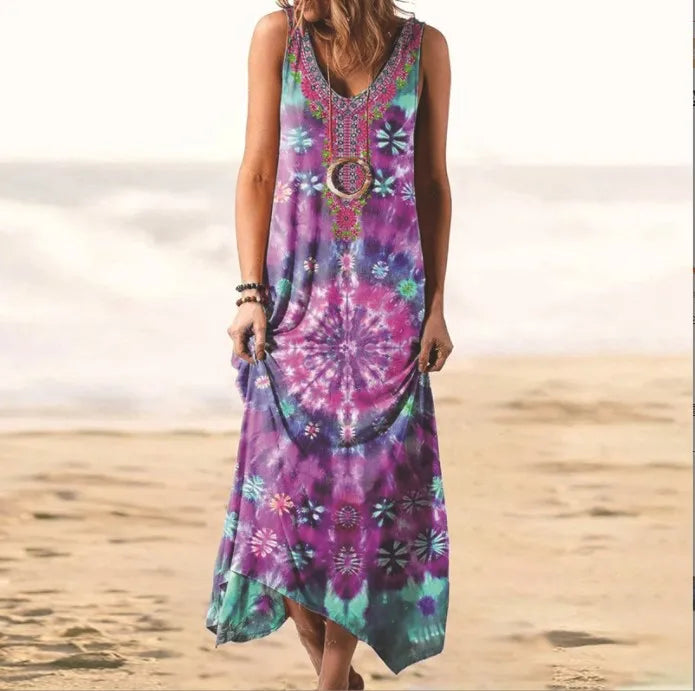 Vintage Mandala Printed Tie-Dye Floral Long Maxi Dress Style