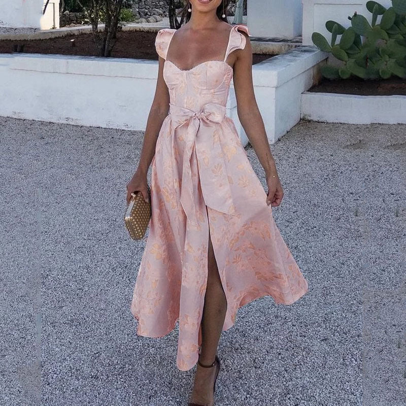 Summer Vintage Floral Print Strappy Dress - Pink XXL - dress
