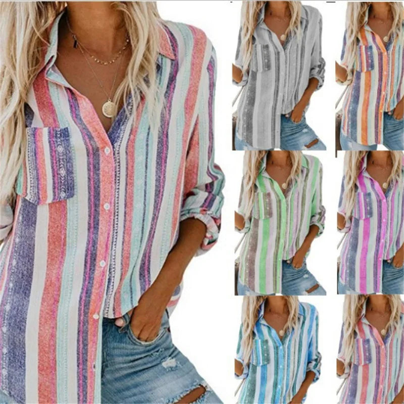 Vertical Stripe Print Button Long Sleeve Shirt Daily Single Breasted Work Blouse