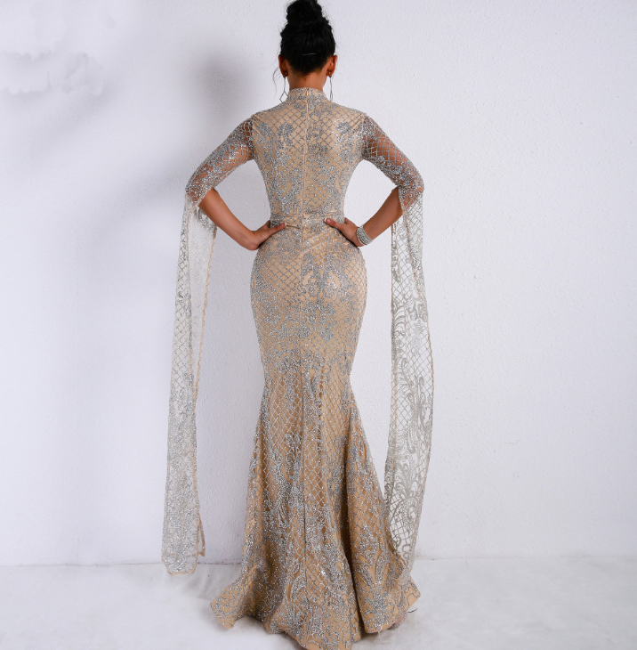 Sparkling High Neck Evening Gown - - dress