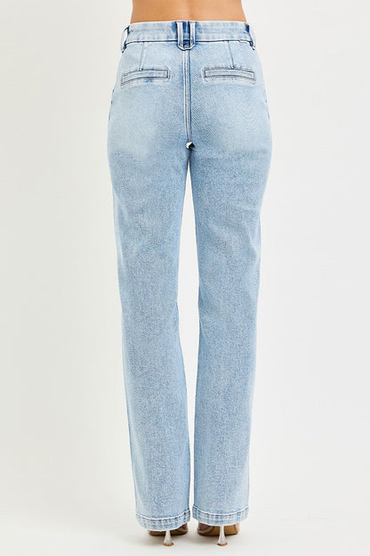 RISEN Tummy Control High Rise Straight Pin Tuck Jeans - -