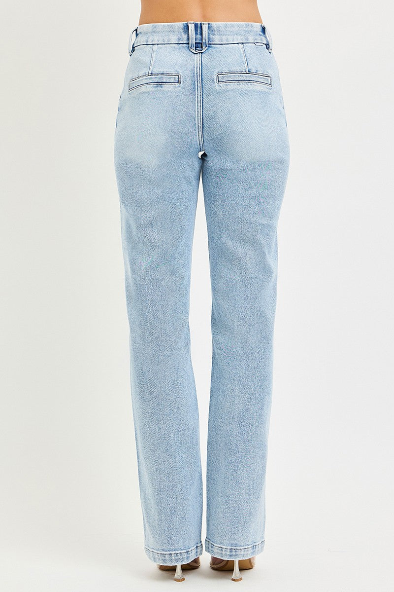 RISEN Tummy Control High Rise Straight Pin Tuck Jeans - - jeans