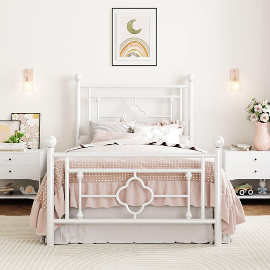 SHA CERLIN 14 Inches Twin Size Metal Platform Bed Frame/Vintage Iron-Art Headboard and Footboard/Mattress Foundation for Storage/No Box Spring Needed/Noise-Free/Easy Assembly/White - -