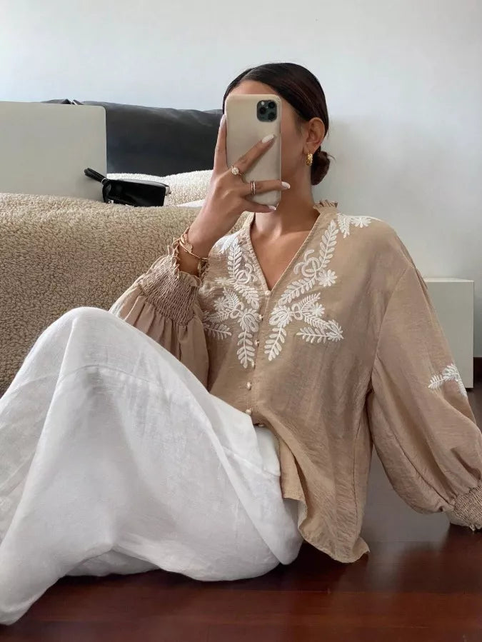 Embroidered Notched Long Sleeve Blouse - -