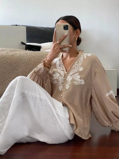 Embroidered Notched Long Sleeve Blouse - -