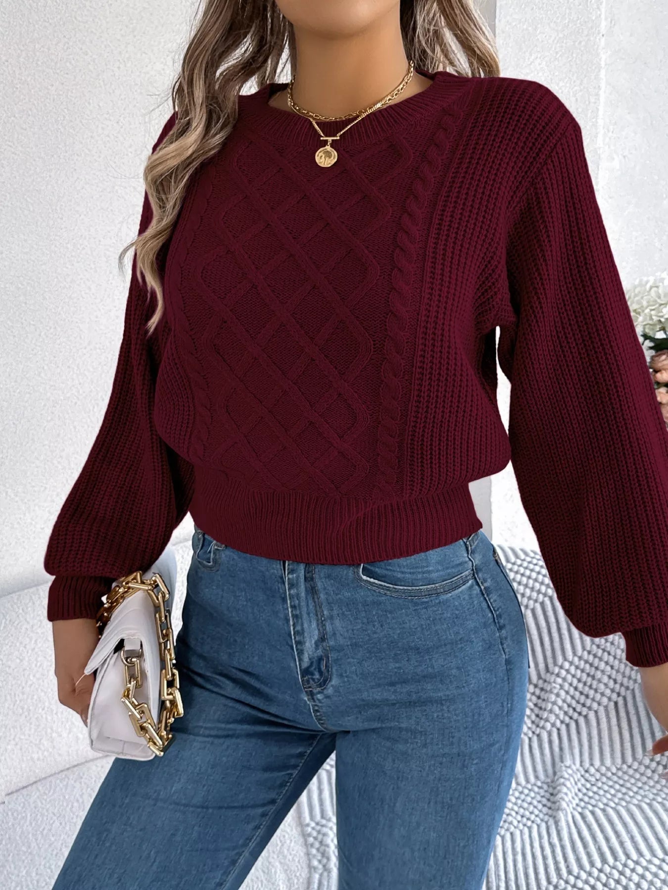 Cable Knit Diamond Pattern Long Sleeve Sweater - -