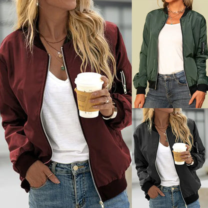 Women Fashion Bomber Jacket Streetwear Long Sleeve Coat Solid Color Outerwear