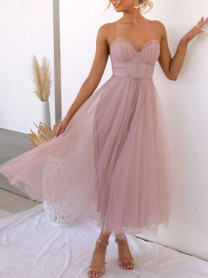 Sweetheart Neck Tulle Midi Dress - Pink -