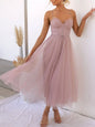 Sweetheart Neck Tulle Midi Dress - Pink -