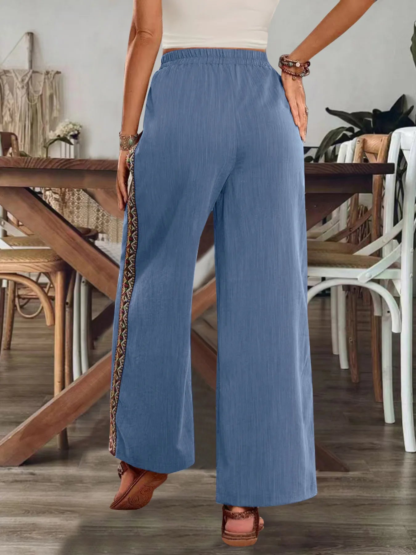 Bohemian Wide Leg Embroidered Side Stripe Pants - -