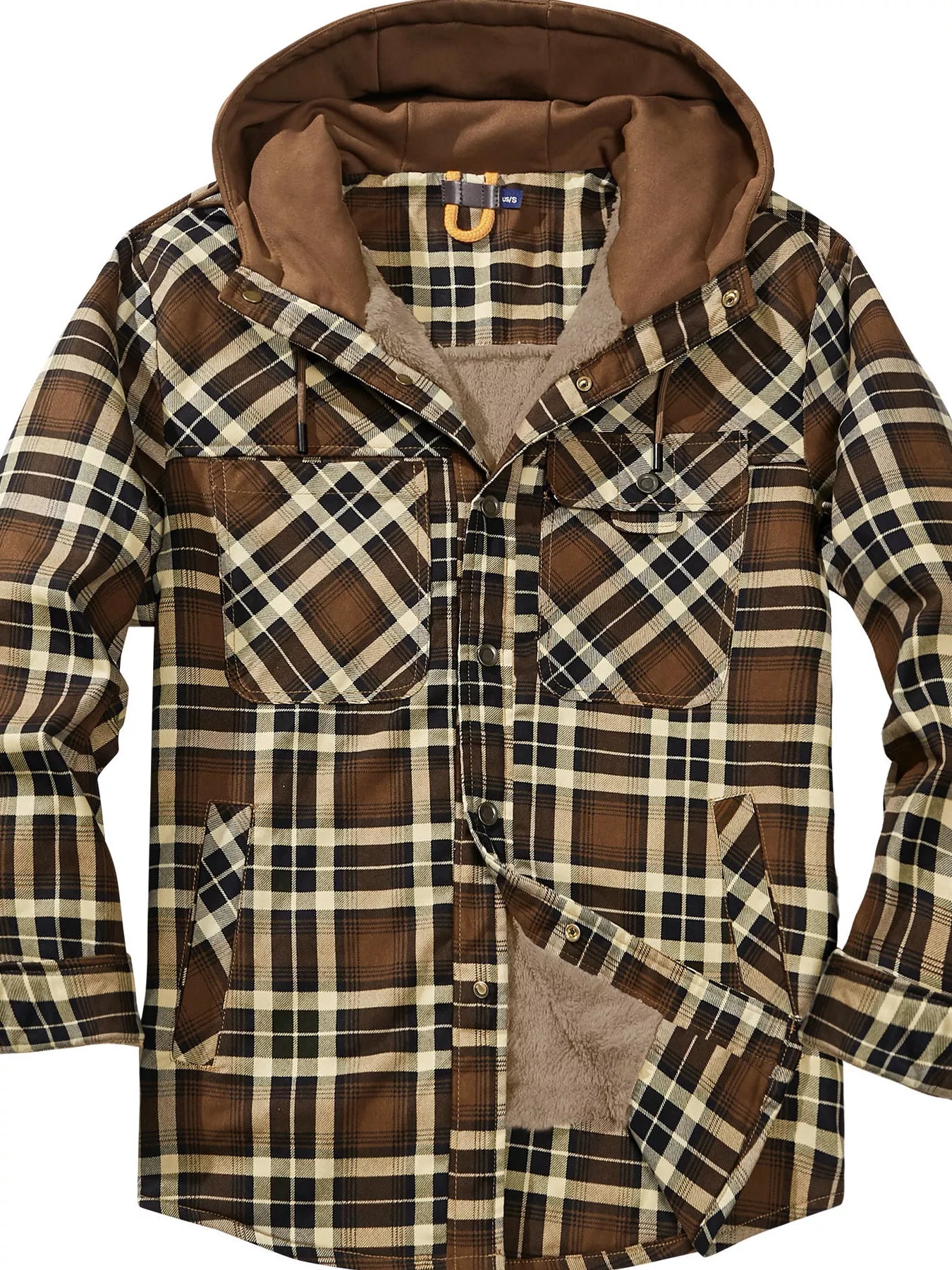 Men's Snap Down Plaid Flannel Hooded Jacket - Brown -