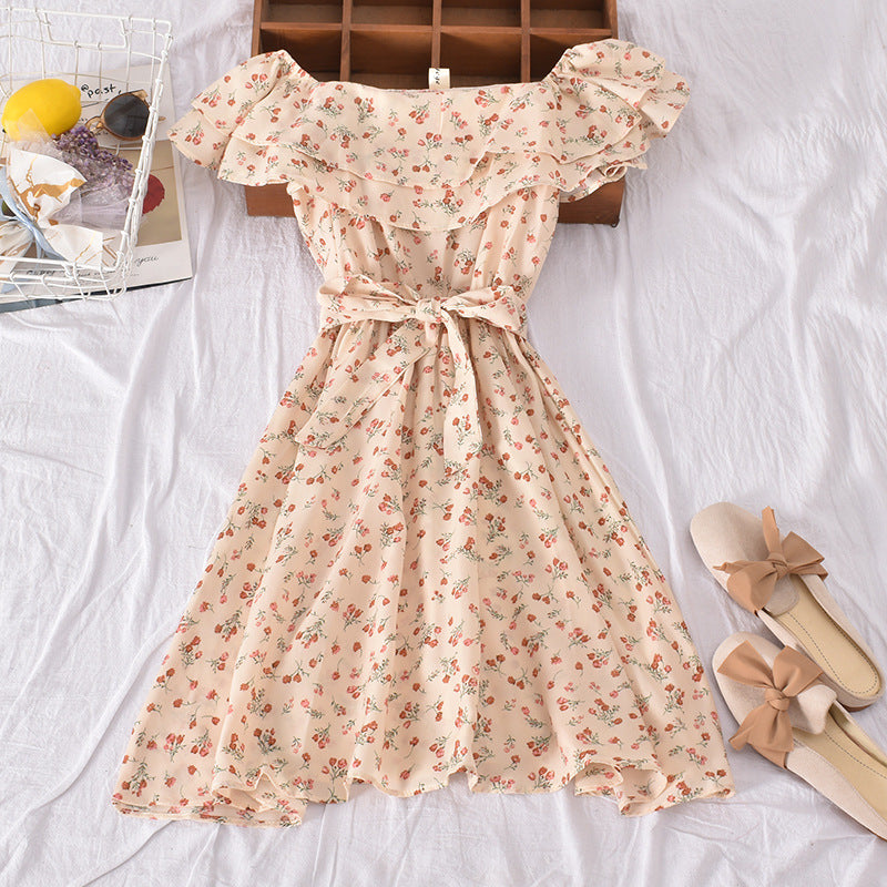 Floral Off-Shoulder Dress with Flared Hem for Women - Apricot One size - dress