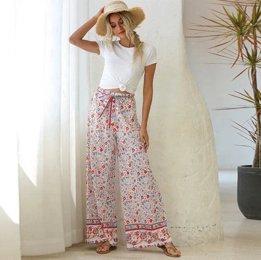 Casual Wide Leg Elastic High Waist Chiffon Printed Pants Wide Leg