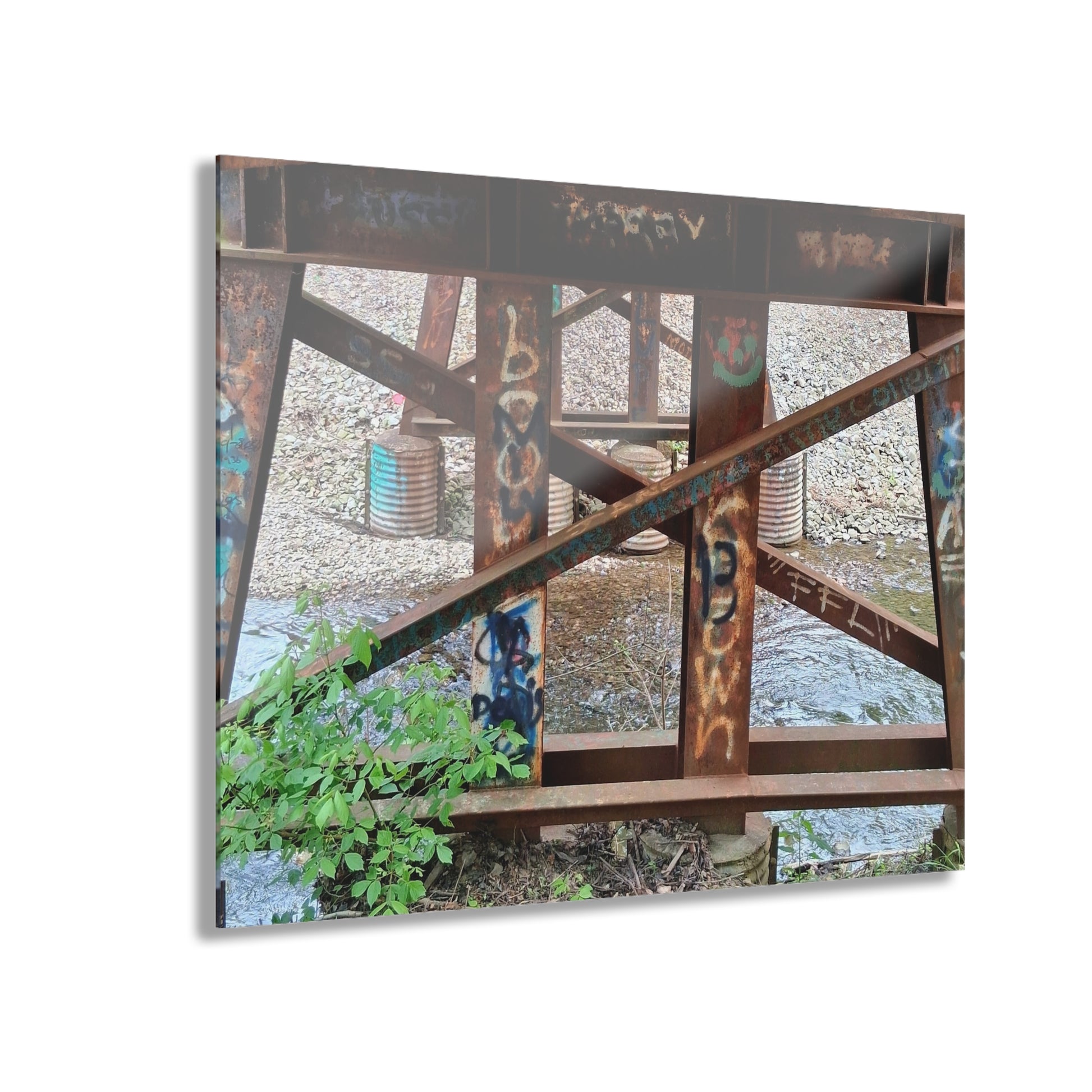 Urban Rusted Bridge Graffiti Acrylic Print French Cleat Hanging - - Home Decor