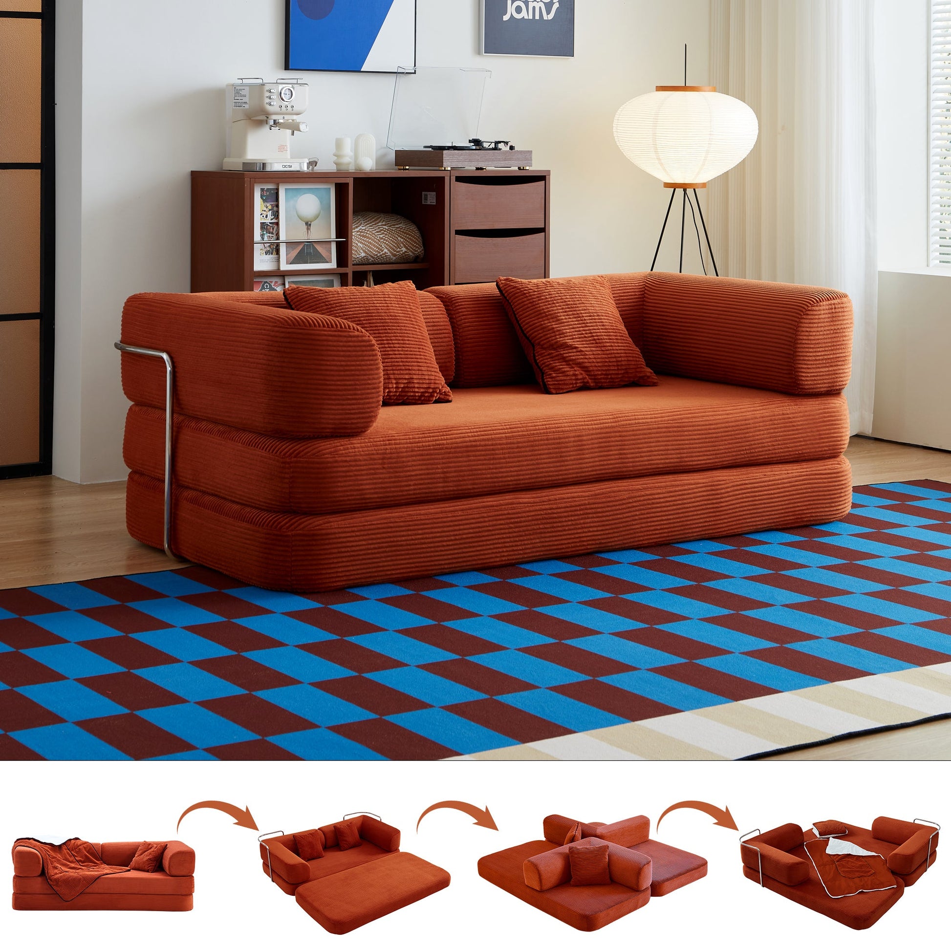 Sofa Bed Convertible 5-in-1 Corduroy Red Floor Steel Frame 74.8 In- NIKKI CASA- {{Product type}}