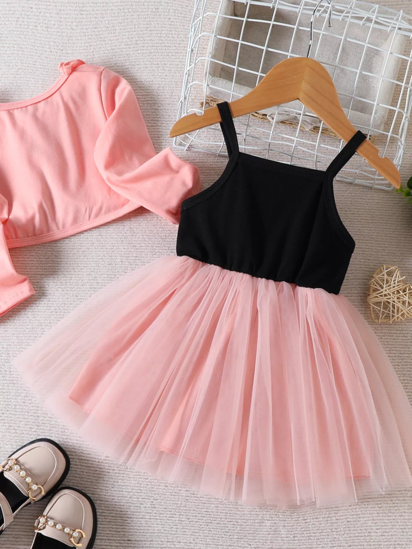 Children's Frill Cardigan and Rainbow Print Tulle Dress Set - -