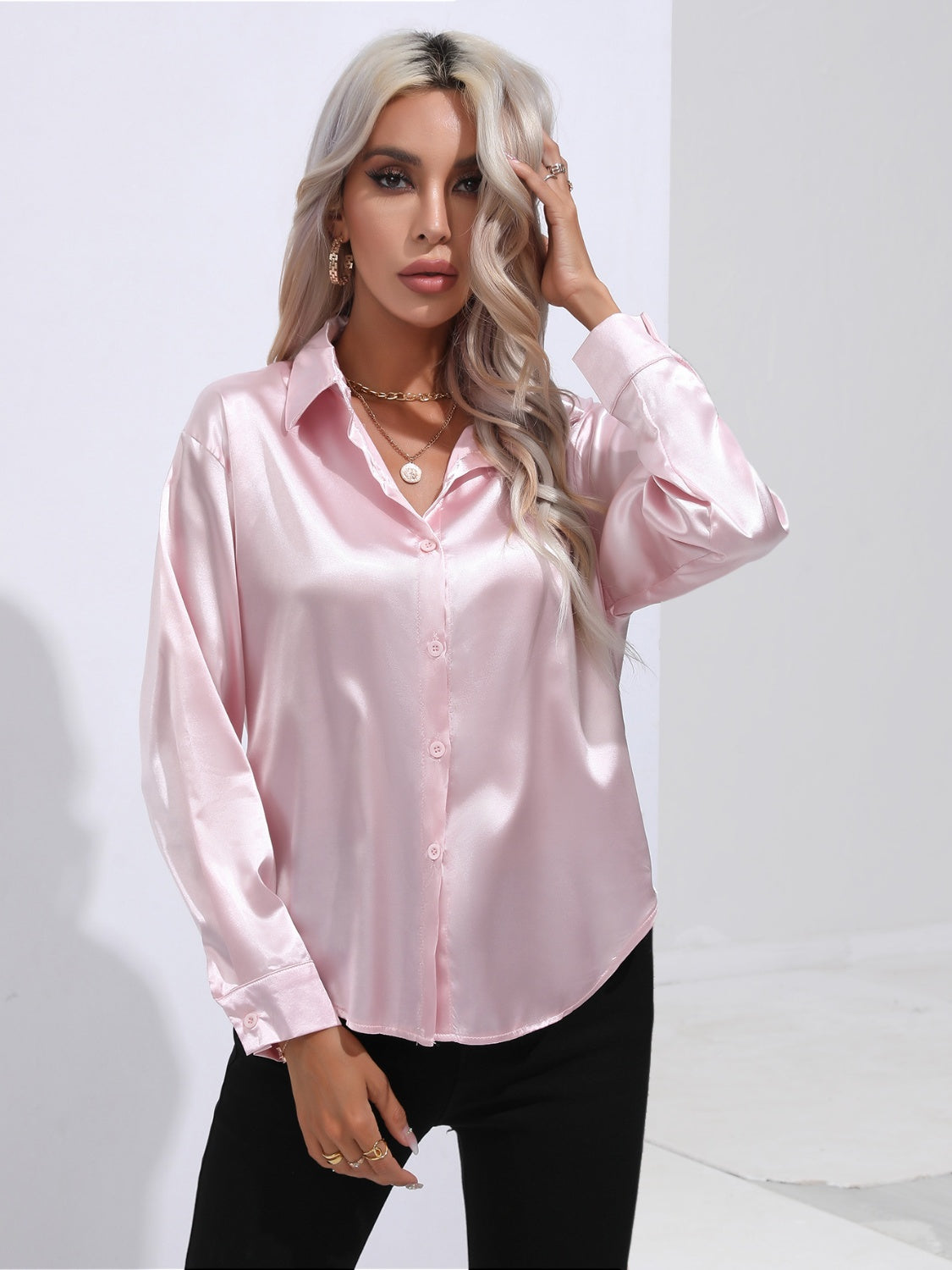 Collared Neck Buttoned Long Sleeve Shirt - -